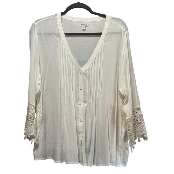 Bongo Plus NEW WITH TAGS Womens 2X Boho Button-Front Blouse Lace Bell Sleeves - Picture 1 of 9